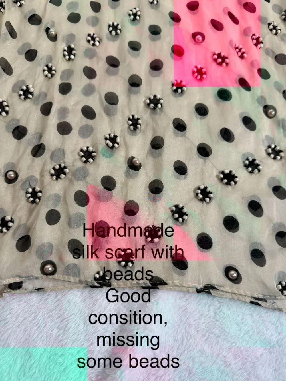 Handmade Beaded Polka Dot Silk Scarf In Beige & Black Good Condition Missing Som